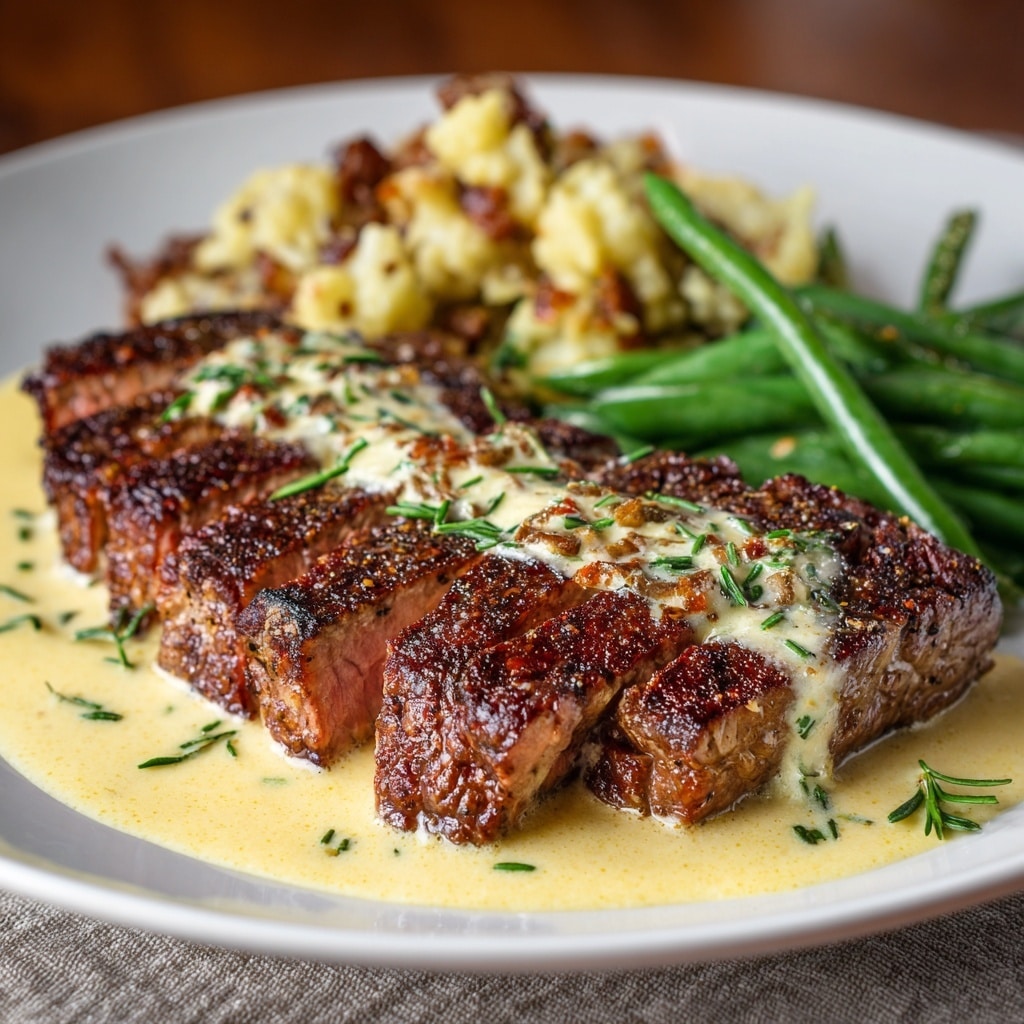 Juicy Steak with Rich Bourbon Garlic Cream Sauce Recipe - Recipe Image