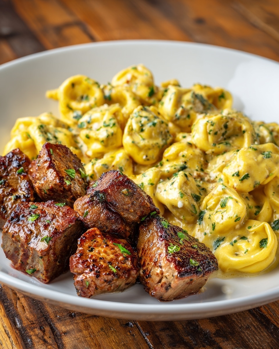 Steak Bites with Shell Pasta in Garlic Butter Alfredo Sauce Recipe - Recipe Image