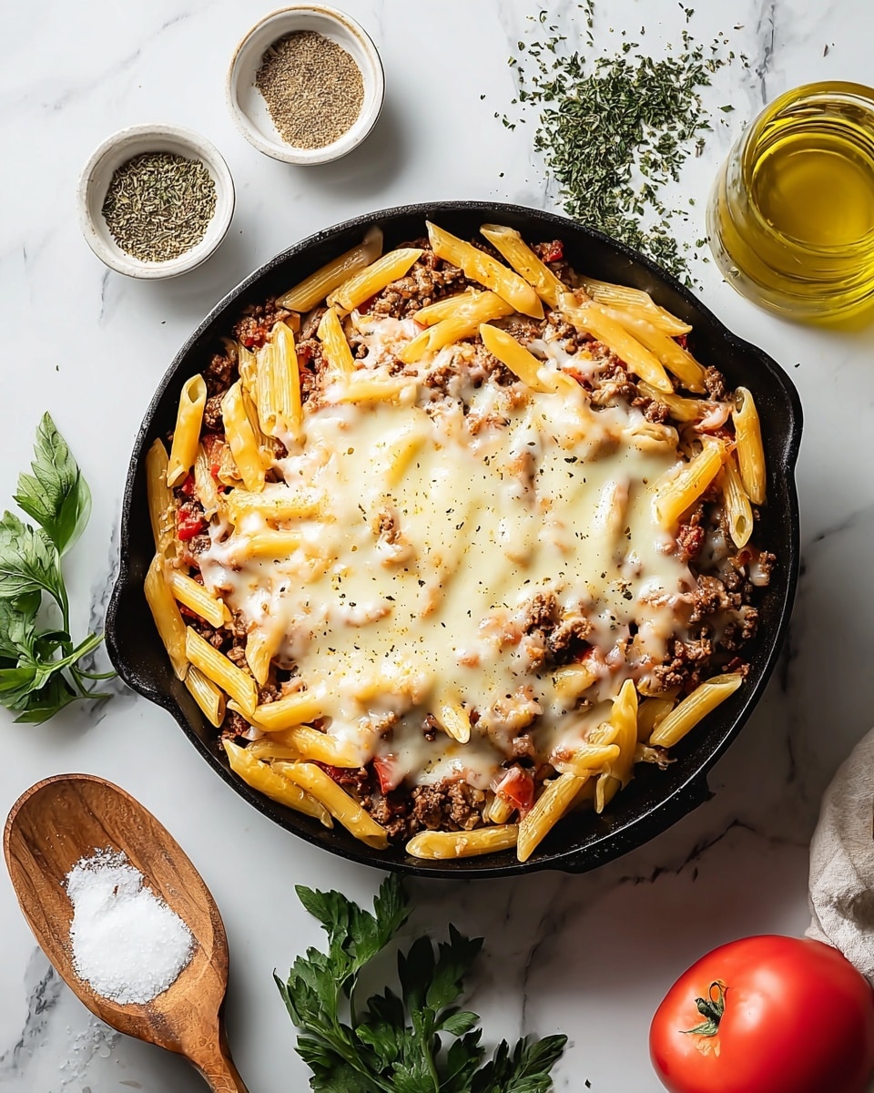 Cheesy Penne with Garlic Butter Ground Beef Recipe - Recipe Image