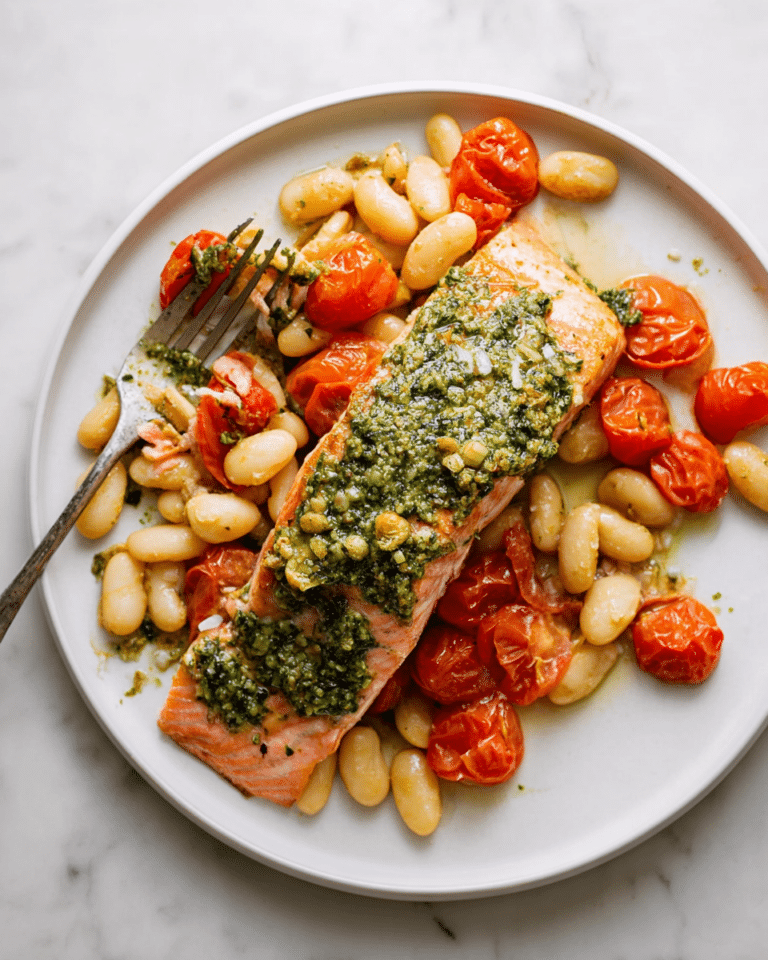 Pesto-Roasted Salmon with Tomatoes and White Beans Recipe