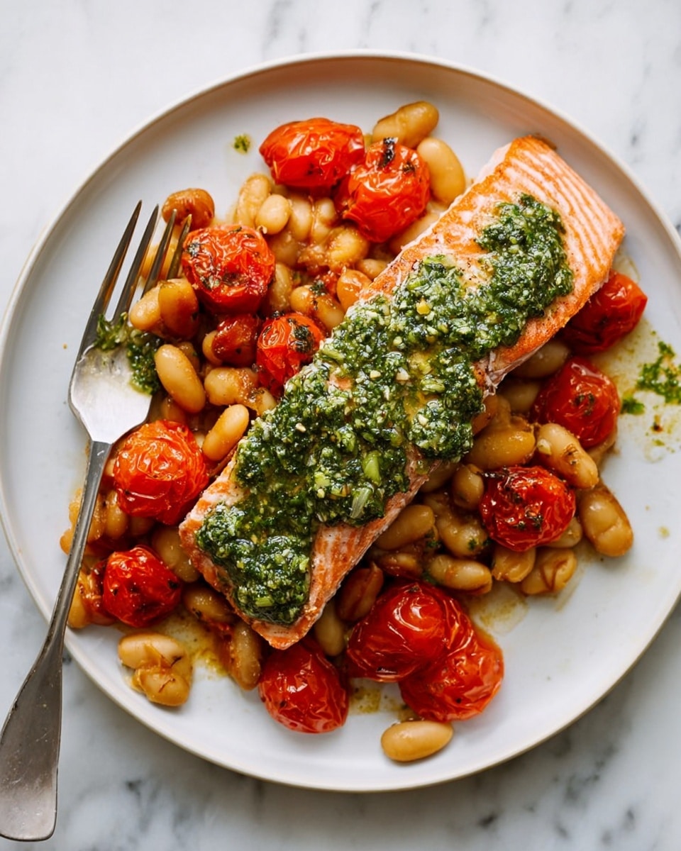 Pesto-Roasted Salmon with Tomatoes and White Beans Recipe - Recipe Image