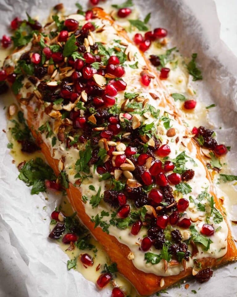 Christmas Baked Salmon with Creamy Dill Sauce, Cranberry Almond Tapenade, and Pomegranate Garnish Recipe