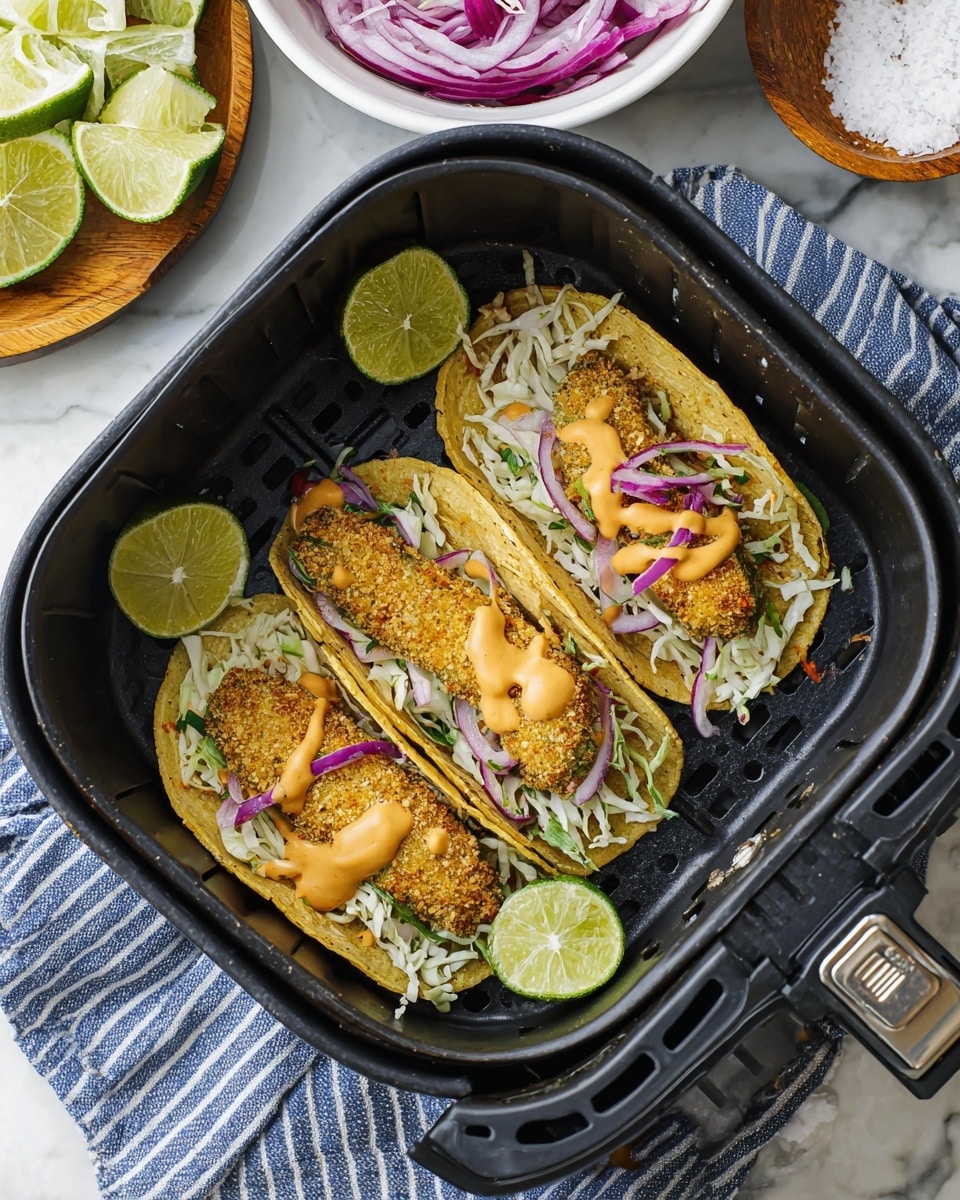 Air Fryer Avocado Tacos with Crispy Fried Avocado Wedges and Fresh Slaw Recipe - Recipe Image