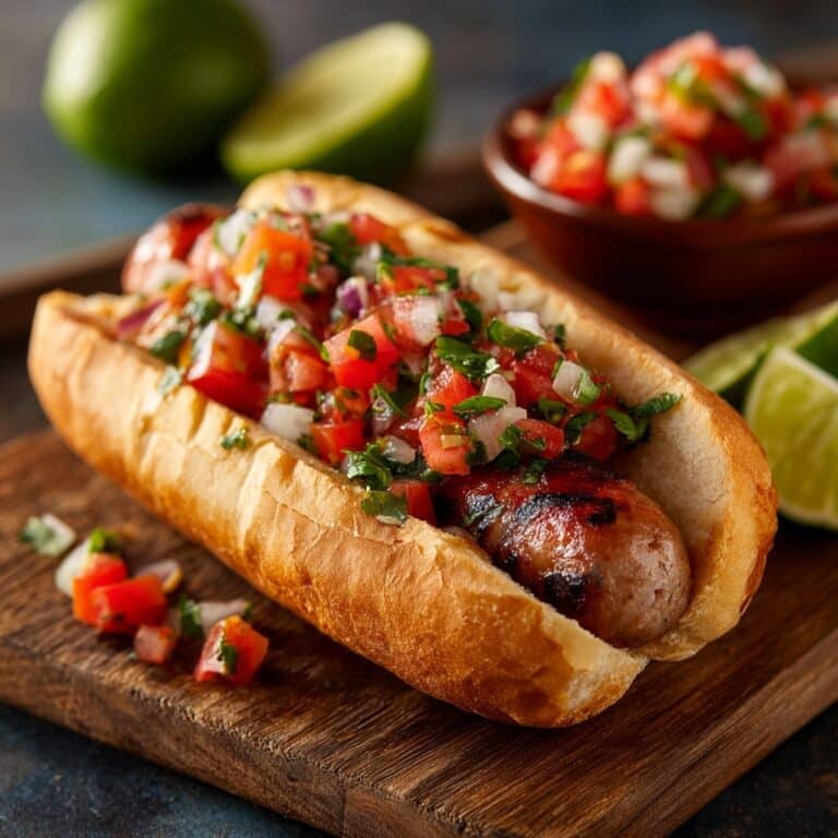 Mexican Bacon-Wrapped Hot Dogs with Sautéed Peppers and Pico de Gallo Recipe